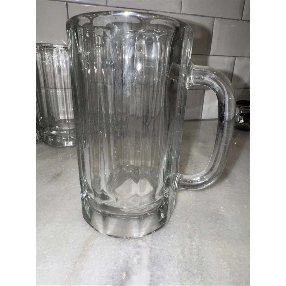 Set Of 6 Vintage Thick Heavy Libbey‎ 16oz 10 Panel Beer Mugs Clear Glass GW0042